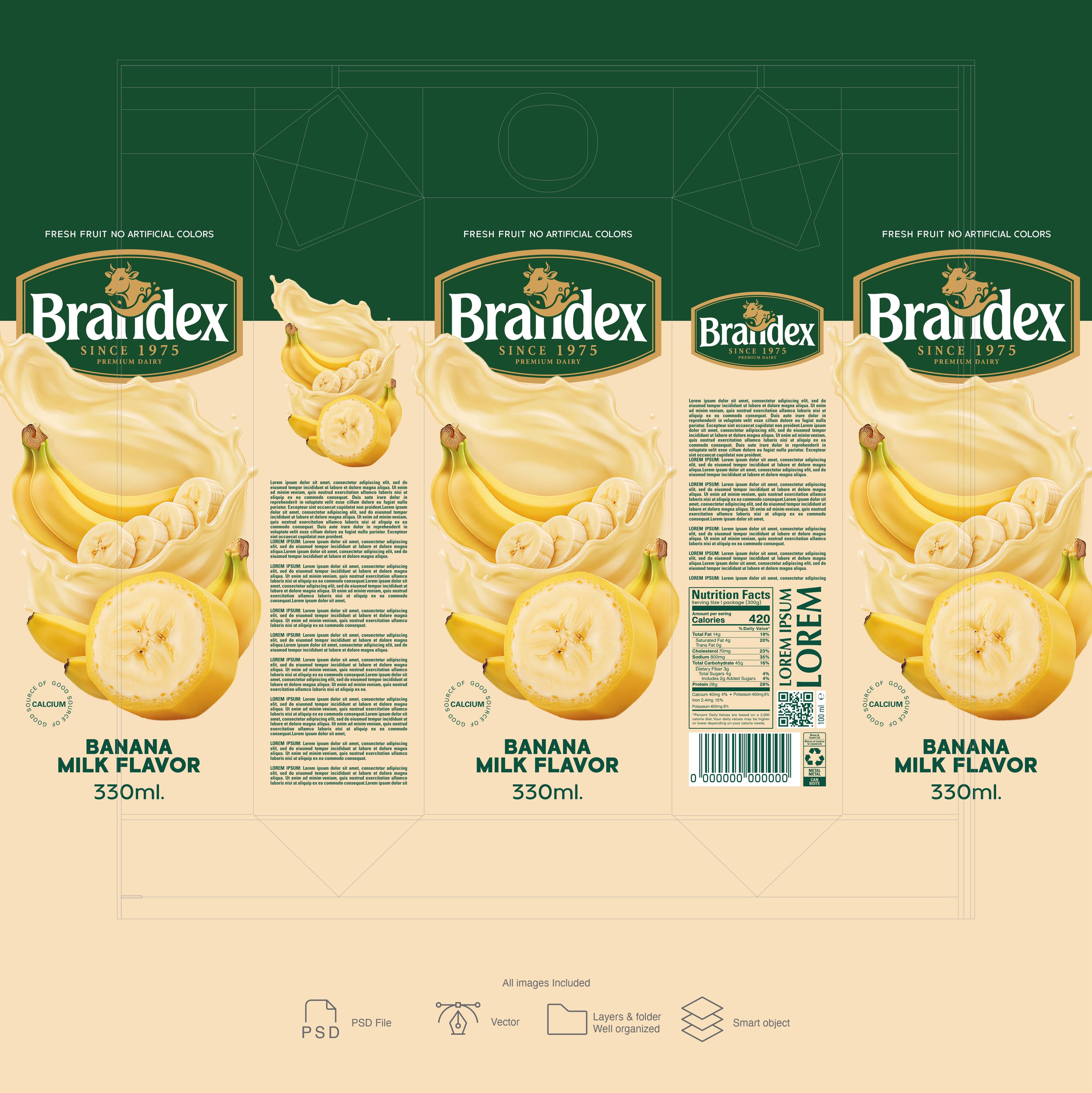Banana Milk Carton Packaging Die-line Template – Dark Green & Gold