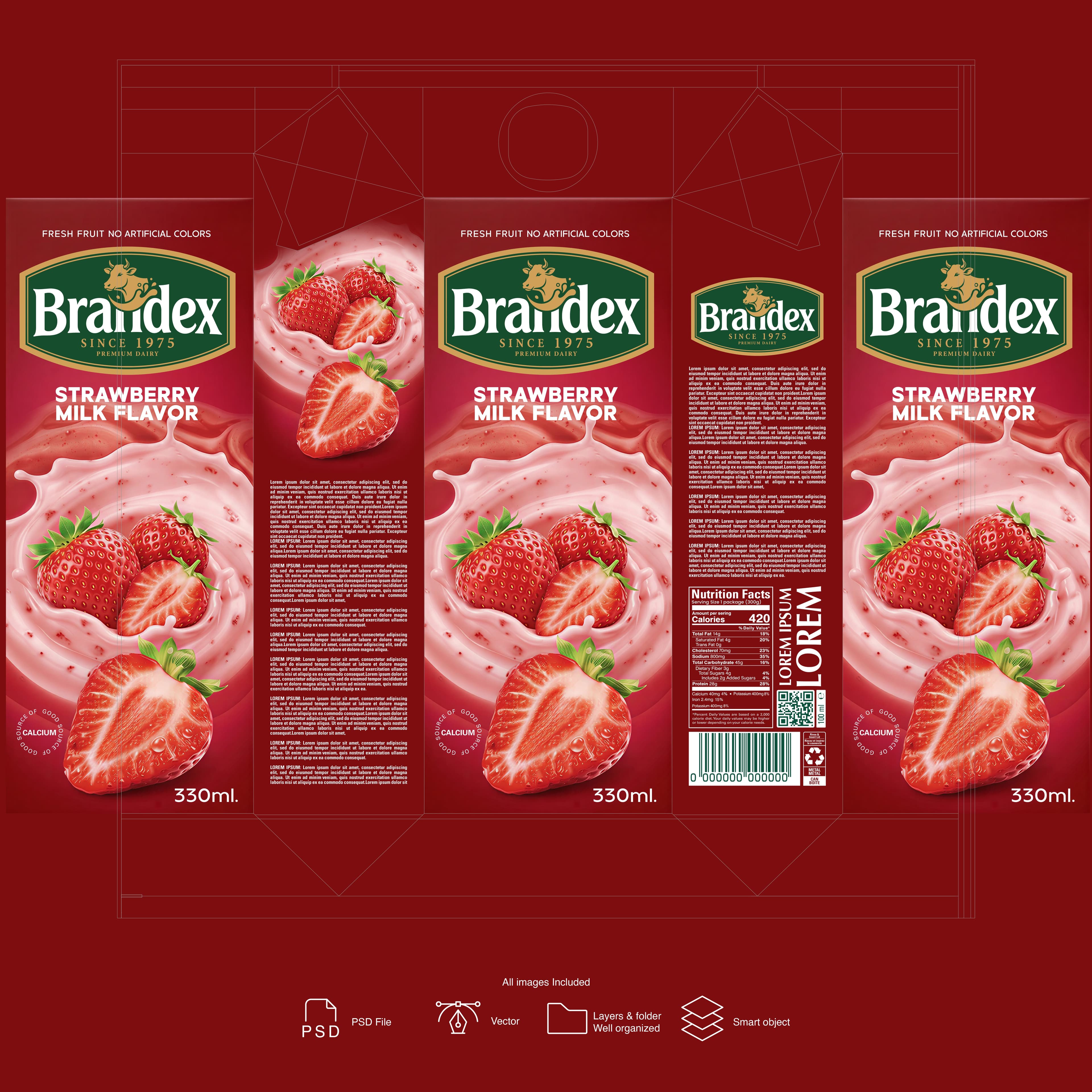 Strawberry Milk Carton Packaging Die-line Template – Deep Red & Gold