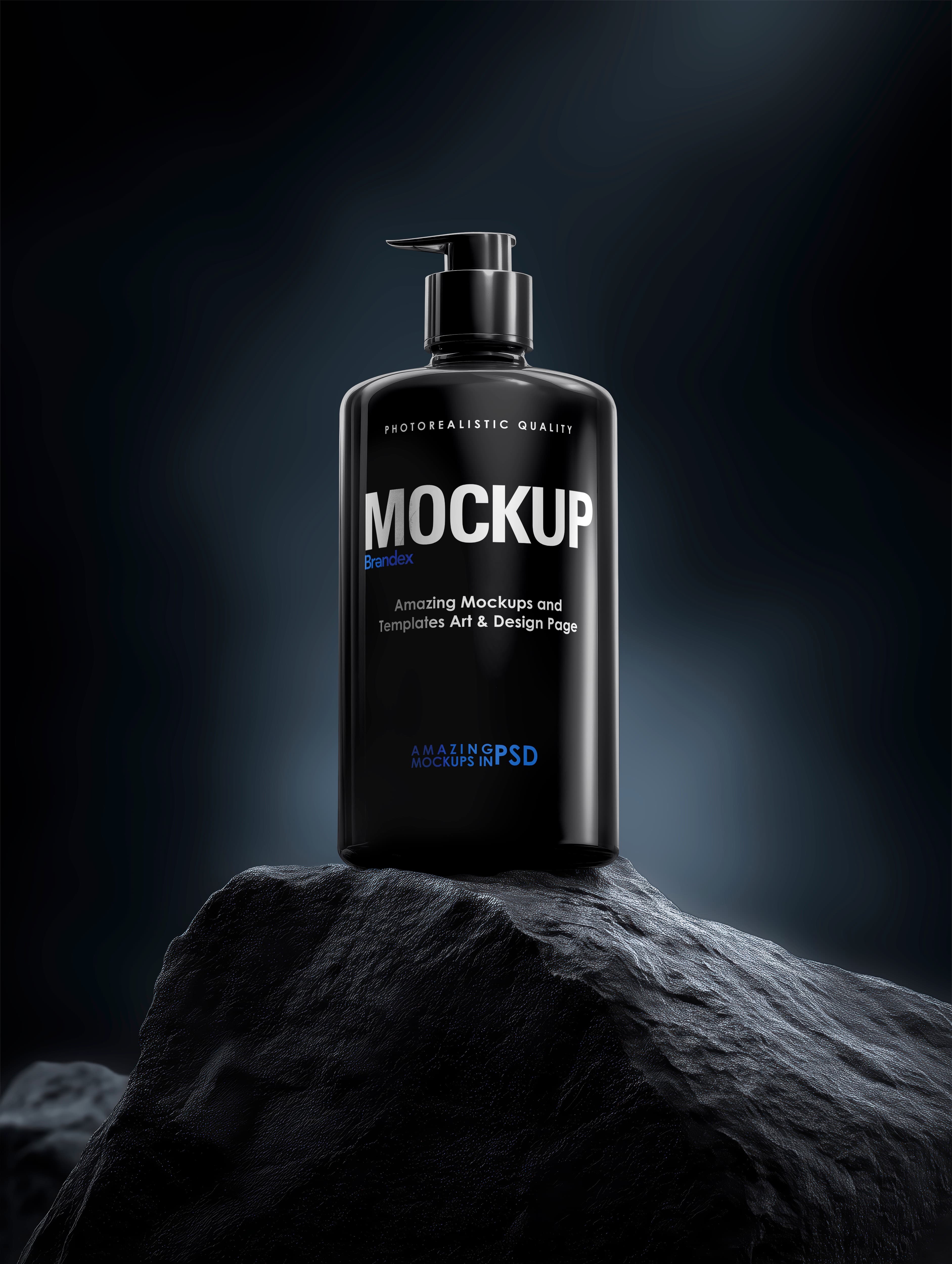 Glossy Black Cosmetic Lotion Bottle Mockup on Dark Rock Pedestal