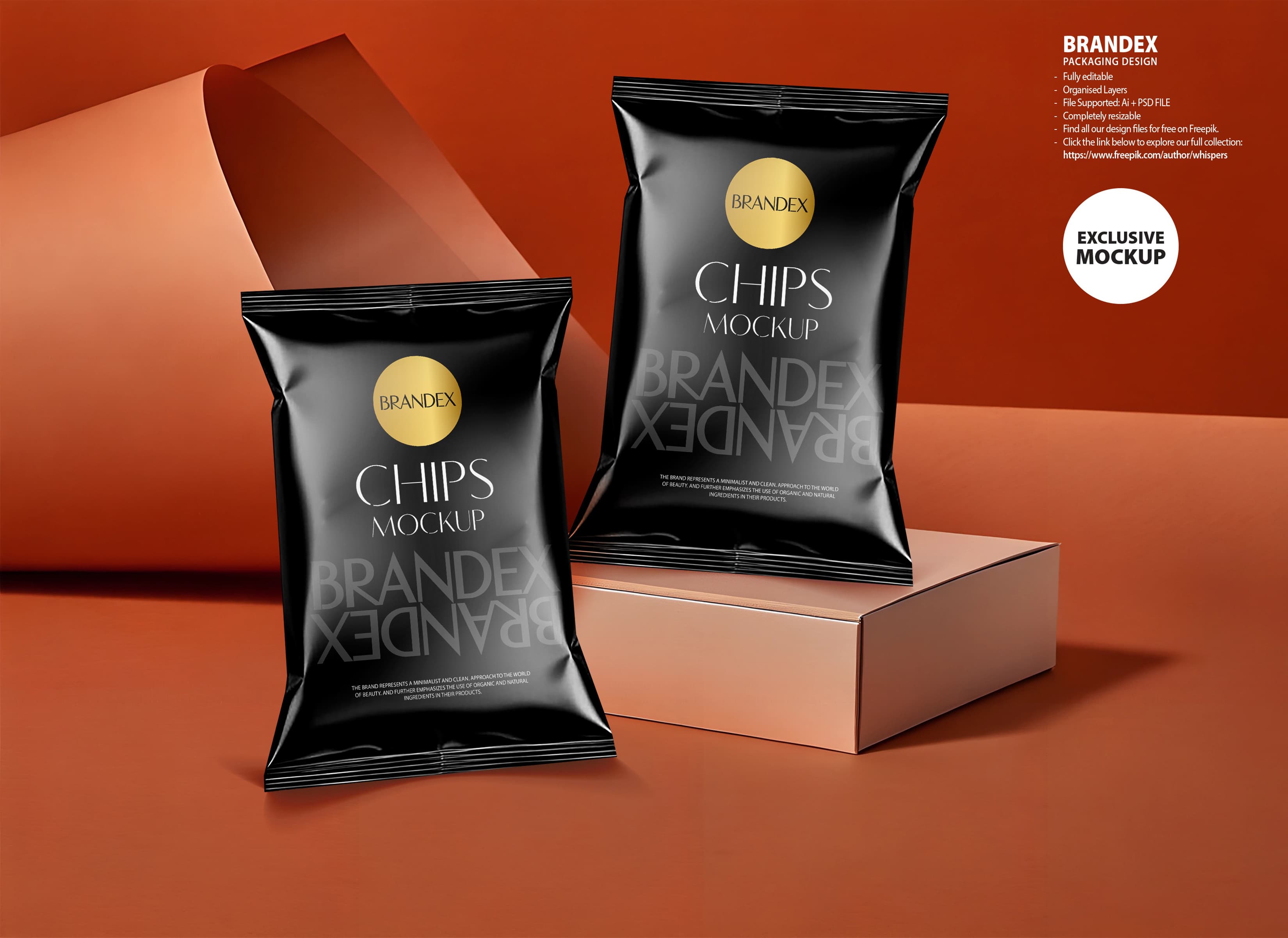 Photorealistic Black Snack Chips Bag Mockup Orange Background