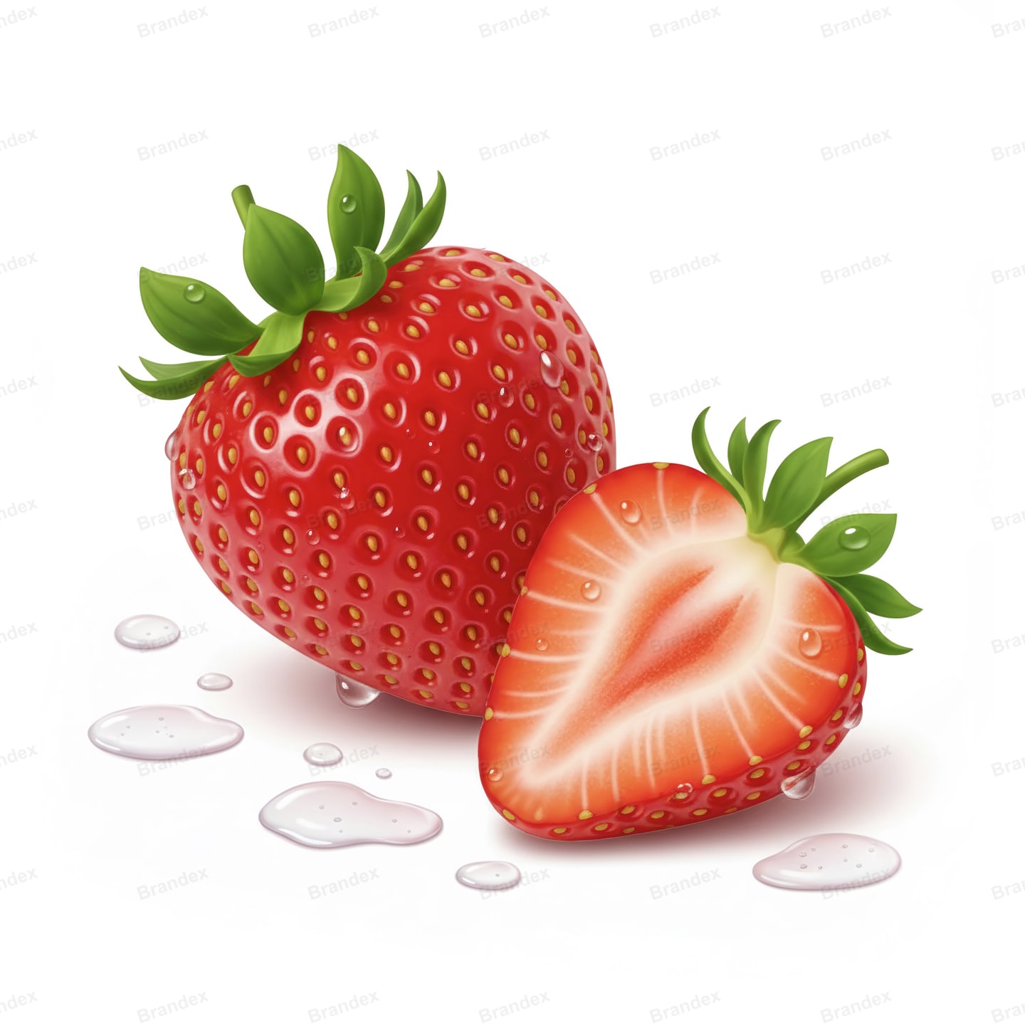 Fresh Whole Strawberries and Slices with Water Droplets on White Background