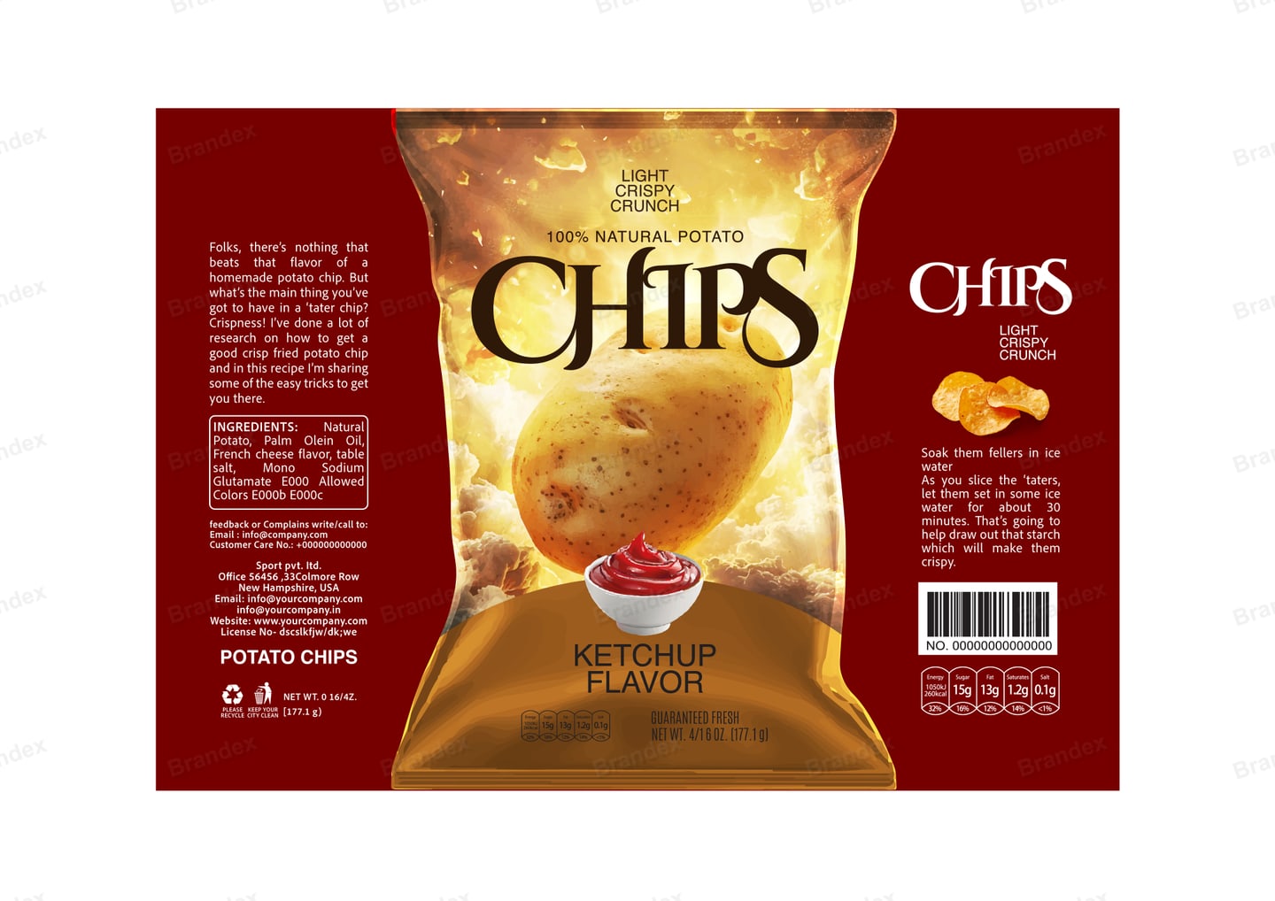 Brandex Ketchup Flavored Wavy Potato Chips Packaging Mockup — Glossy Foil Wave