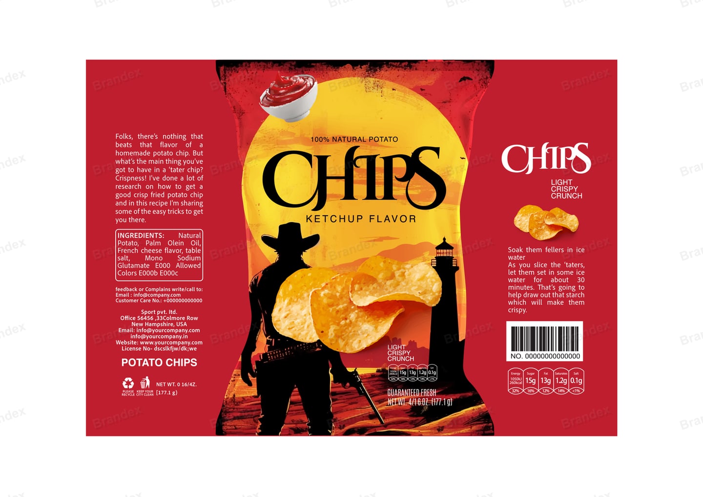 Brandex Ketchup Flavored Wavy Potato Chips Packaging Mockup — Vintage Silhouette Figure
