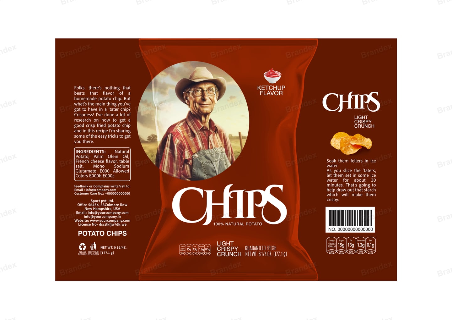 Brandex Ketchup Flavored Wavy Potato Chips Packaging Mockup — Farmer Portrait Rustic