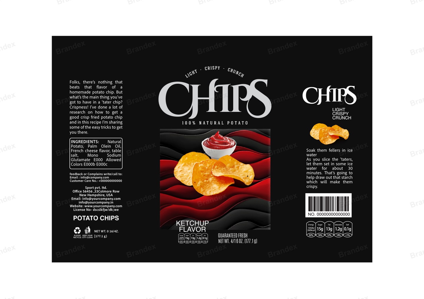Brandex Ketchup Flavored Wavy Potato Chips Packaging Mockup — Dark Premium Wave