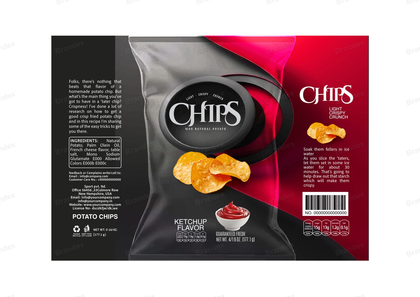 Brandex Ketchup Flavored Wavy Potato Chips Packaging Mockup — Black Foil Glossy