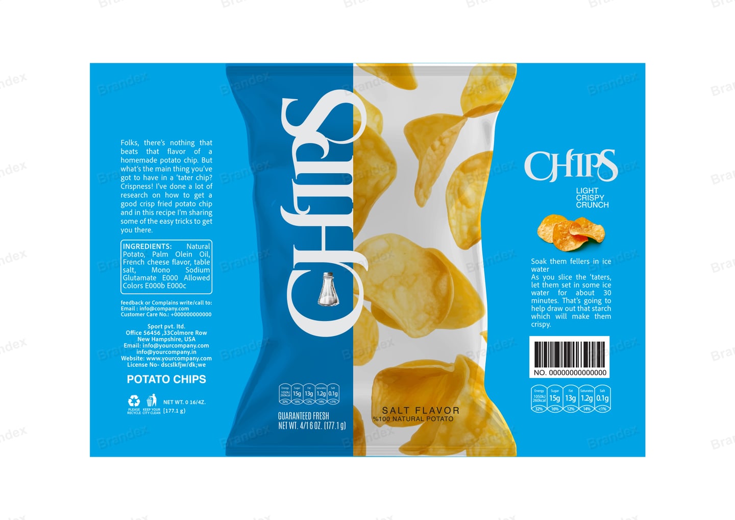 Brandex Salt Flavored Wavy Potato Chips Packaging Mockup — Chips Photo Wave Split