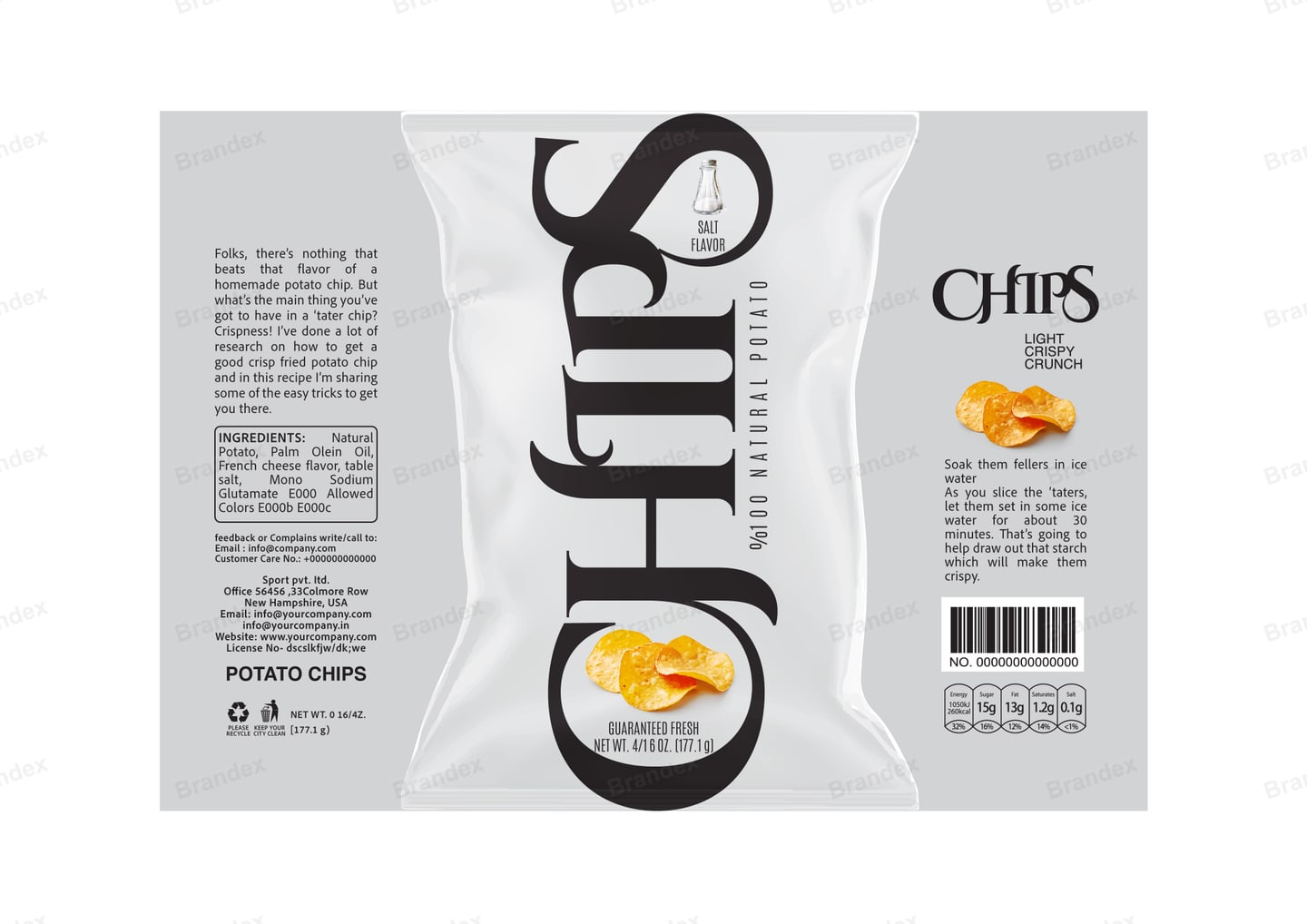 Brandex Salt Flavored Wavy Potato Chips Packaging Mockup — Minimal White Bold Serif