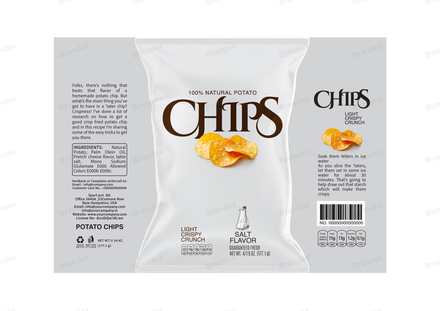 Brandex Salt Flavored Wavy Potato Chips Packaging Mockup — Minimal White Script