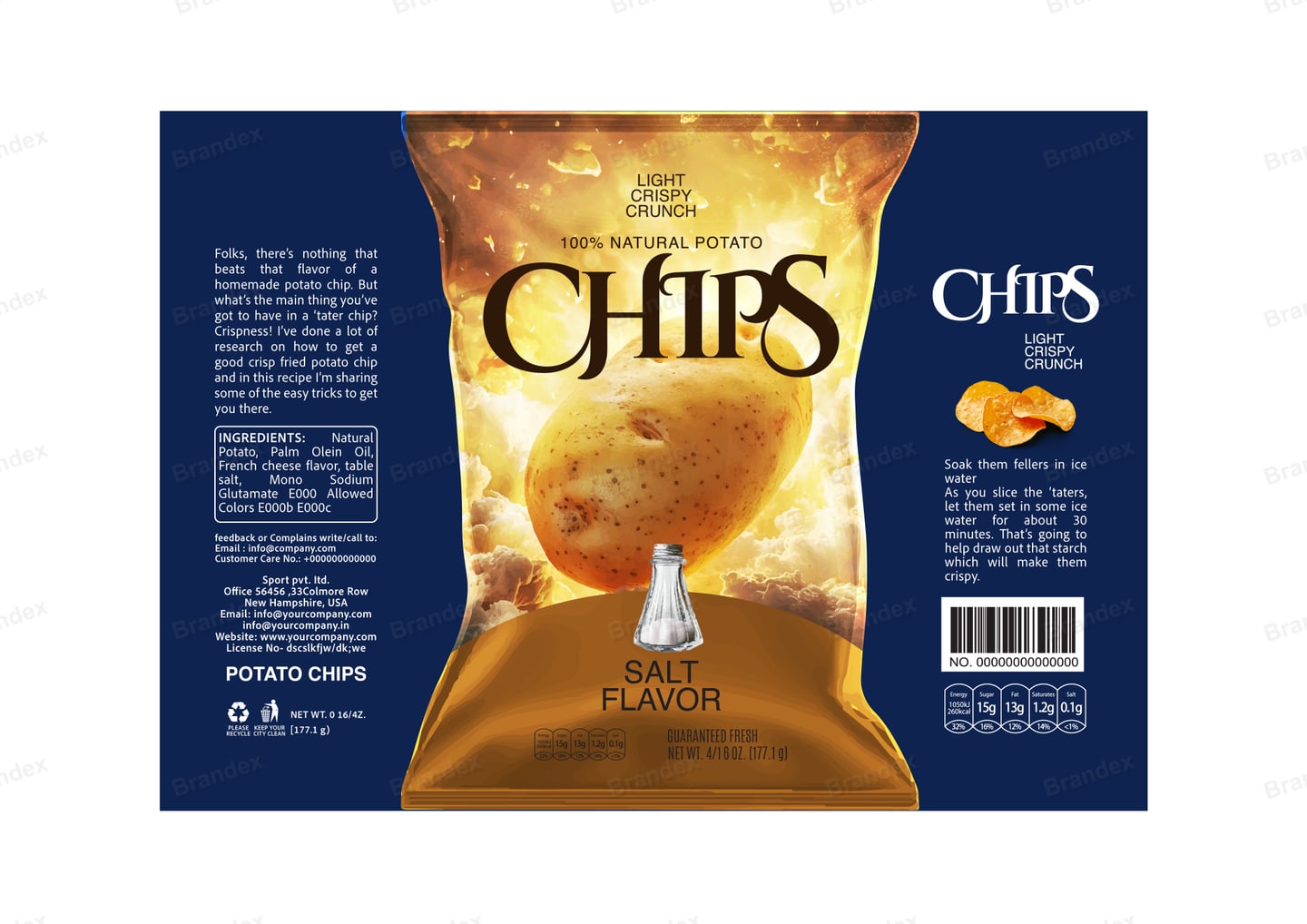 Brandex Salt Flavored Wavy Potato Chips Packaging Mockup — Glossy Foil Wave