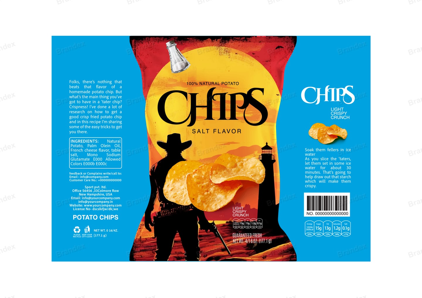 Brandex Salt Flavored Wavy Potato Chips Packaging Mockup — Vintage Silhouette Figure
