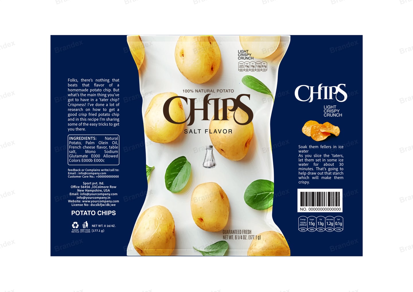 Brandex Salt Flavored Wavy Potato Chips Packaging Mockup — Fresh Potatoes & Basil