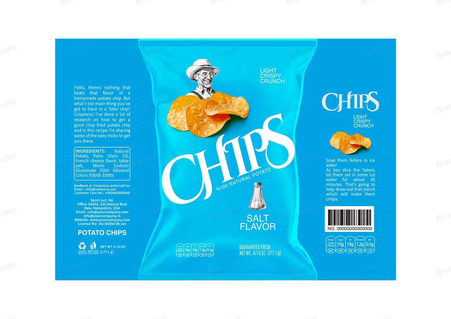 Brandex Salt Flavored Wavy Potato Chips Packaging Mockup — Classic Chef Mascot