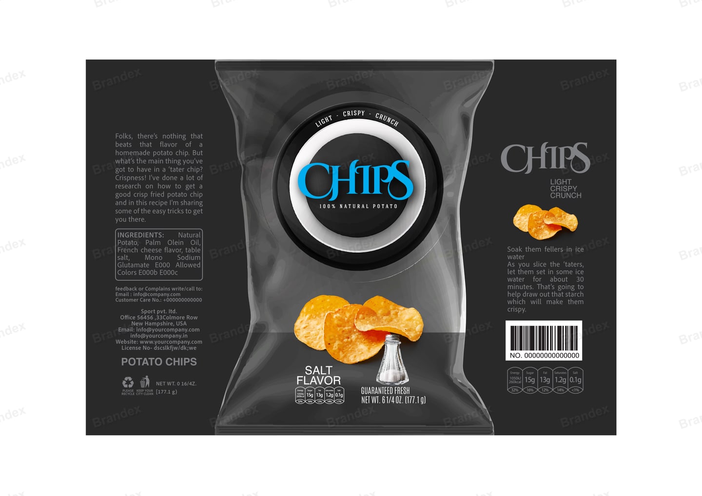 Brandex Salt Flavored Wavy Potato Chips Packaging Mockup — Gourmet Dark Bowl