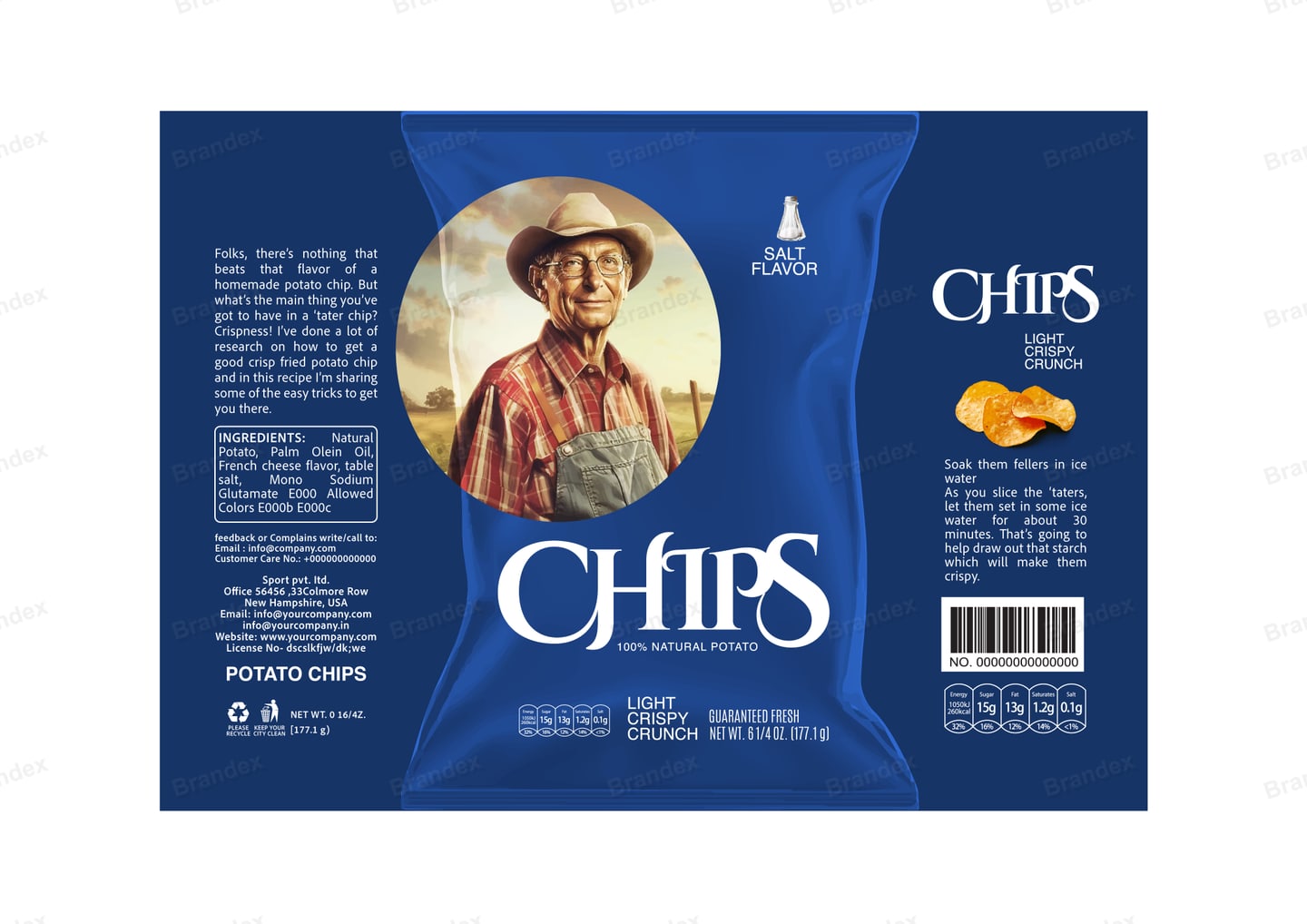 Brandex Salt Flavored Wavy Potato Chips Packaging Mockup — Farmer Portrait Rustic