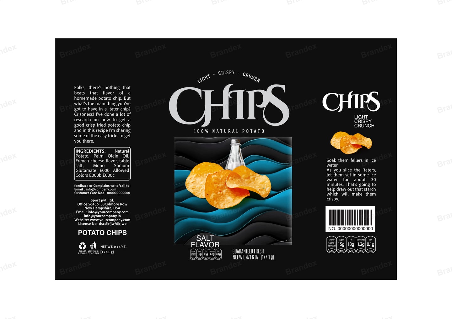 Brandex Salt Flavored Wavy Potato Chips Packaging Mockup — Dark Premium Wave