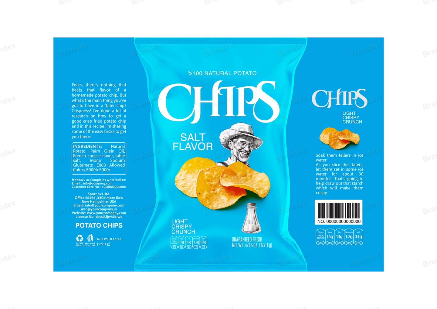 Brandex Salt Flavored Wavy Potato Chips Packaging Mockup — Chef Mascot & Flavor Badge