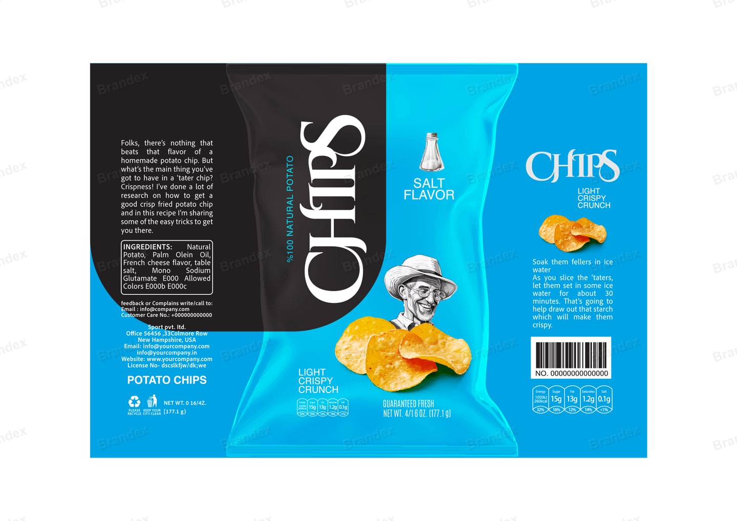 Brandex Salt Flavored Wavy Potato Chips Packaging Mockup — Dark Side Panel Chef