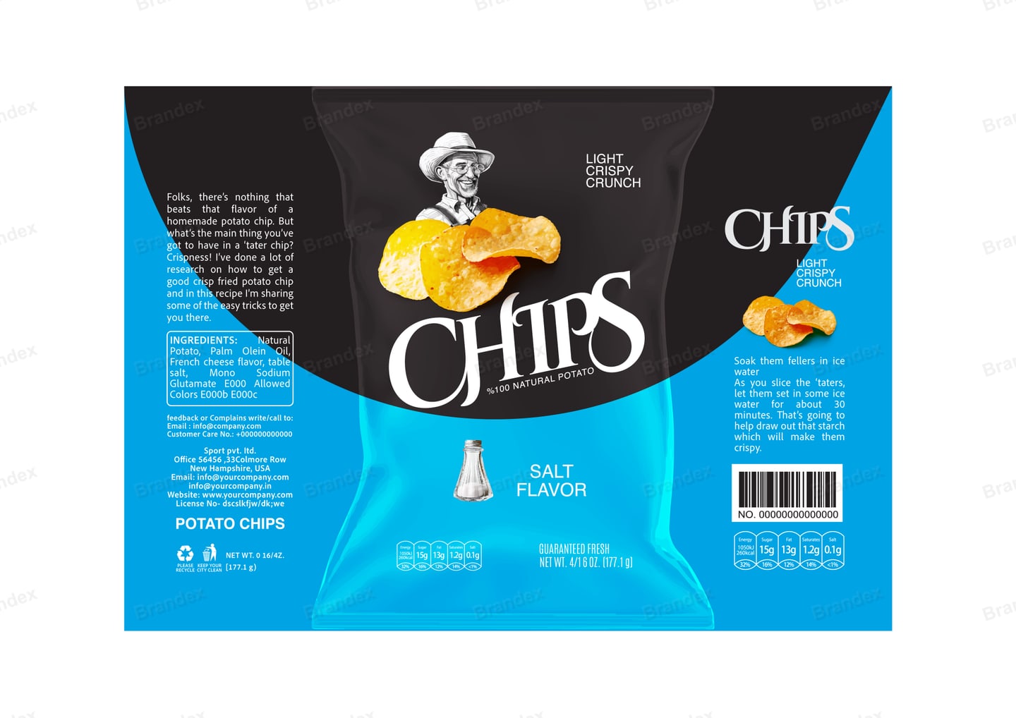 Brandex Salt Flavored Wavy Potato Chips Packaging Mockup — Dark Curve Chef Holding Chips