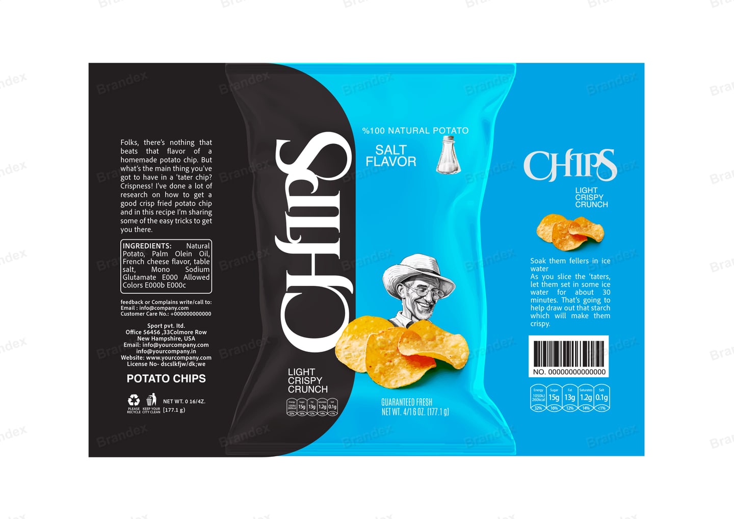 Brandex Salt Flavored Wavy Potato Chips Packaging Mockup — Two-Tone Curve Chef