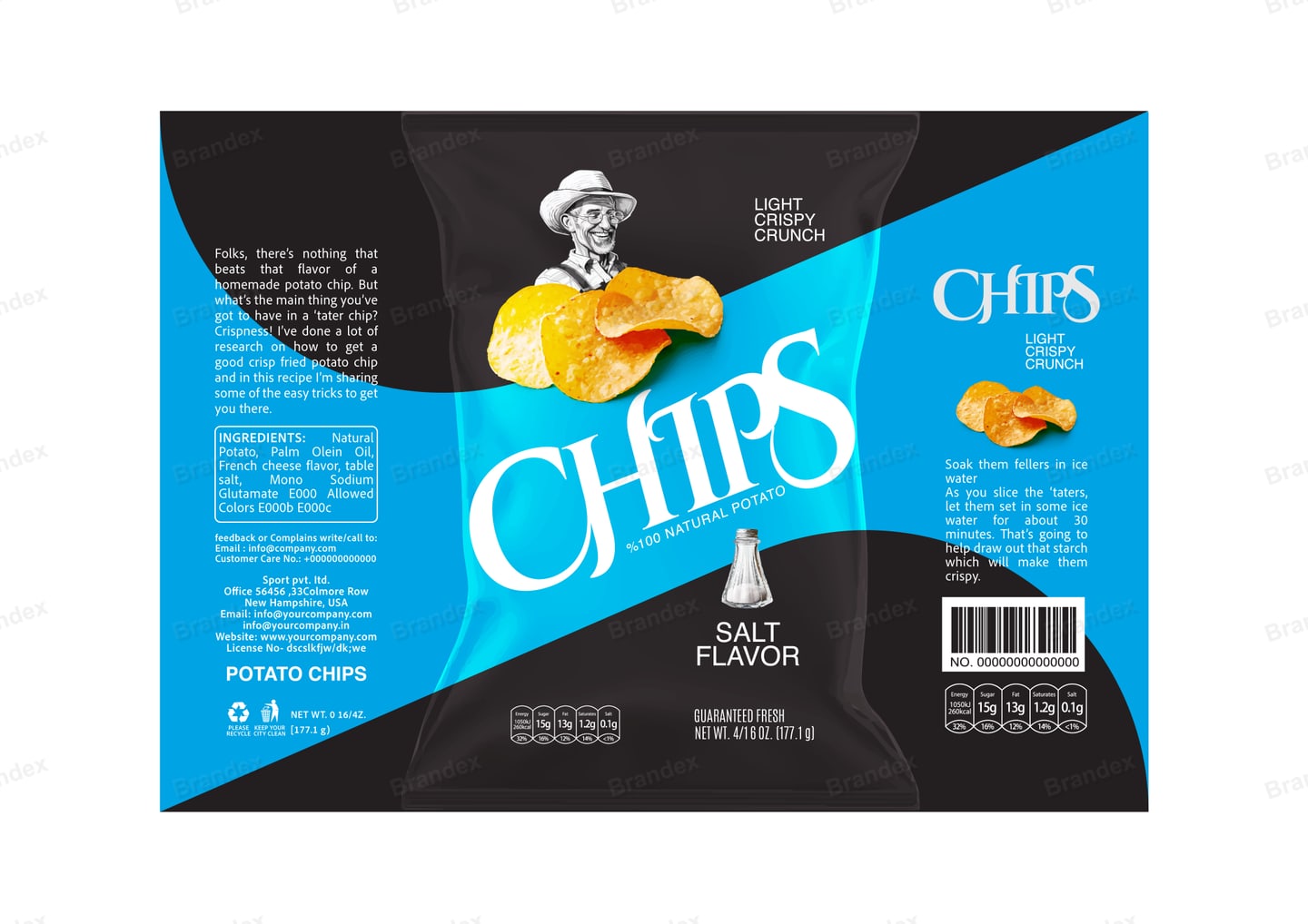 Brandex Salt Flavored Wavy Potato Chips Packaging Mockup — Diagonal Swoosh Bold Logo