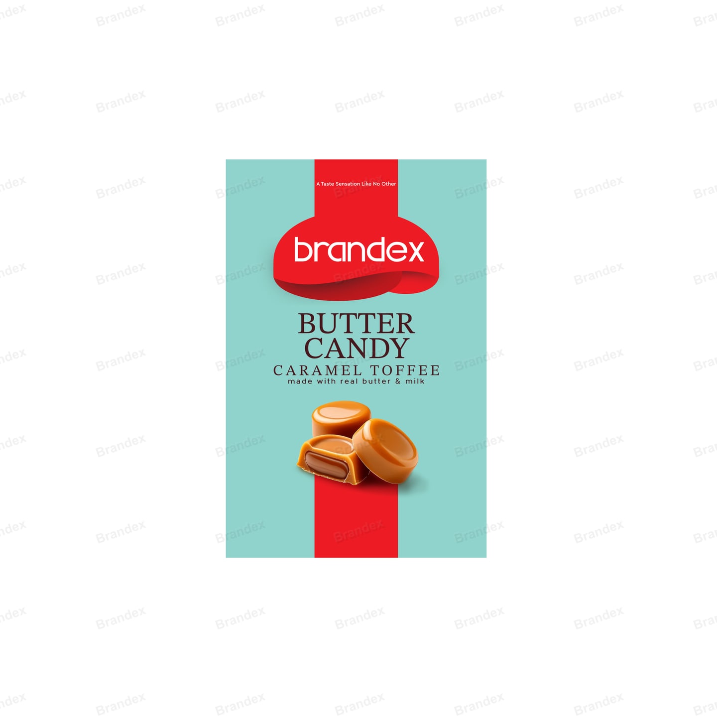 Brandex Butter Candy Caramel Toffee Pouch Packaging Mockup — Teal & Red Ribbon