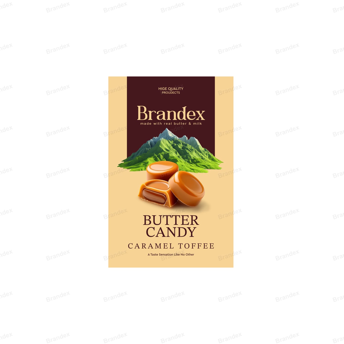 Brandex Butter Candy Caramel Toffee Pouch Packaging Mockup — Brown Mountains