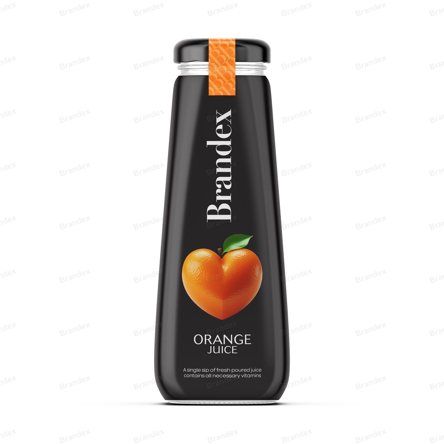 Brandex Orange Juice Glass Bottle Packaging Mockup — Premium Black