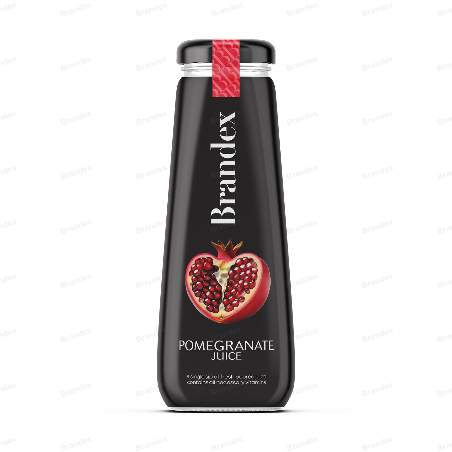 Brandex Pomegranate Juice Glass Bottle Packaging Mockup — Premium Black