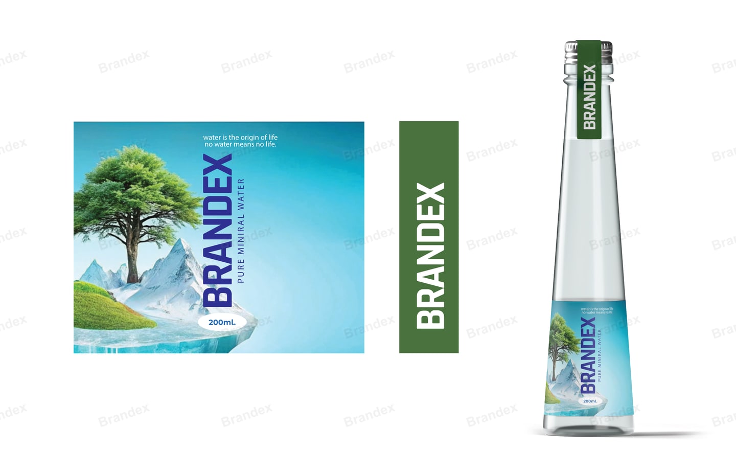 Brandex Pure Mineral Water Bottle Packaging Mockup — Lone Tree Landscape
