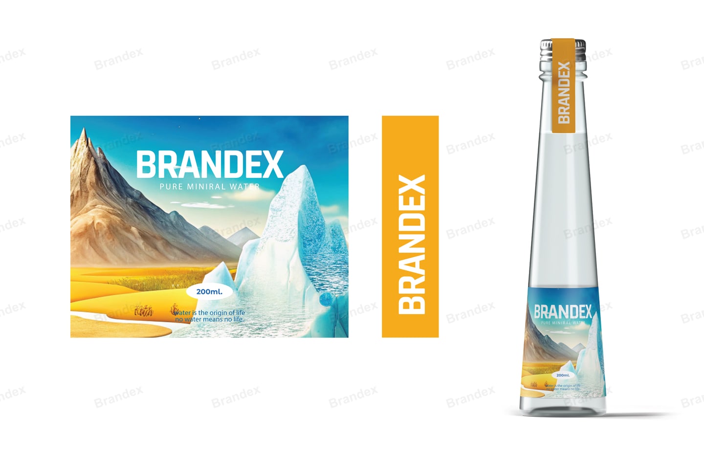 Brandex Pure Mineral Water Bottle Packaging Mockup — Desert & Glacier
