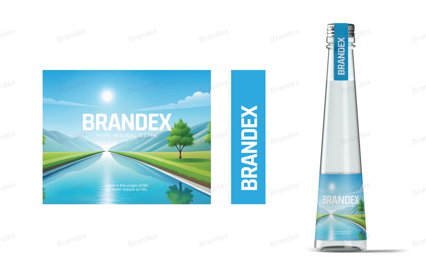 Brandex Pure Mineral Water Bottle Packaging Mockup — Sunrise Road
