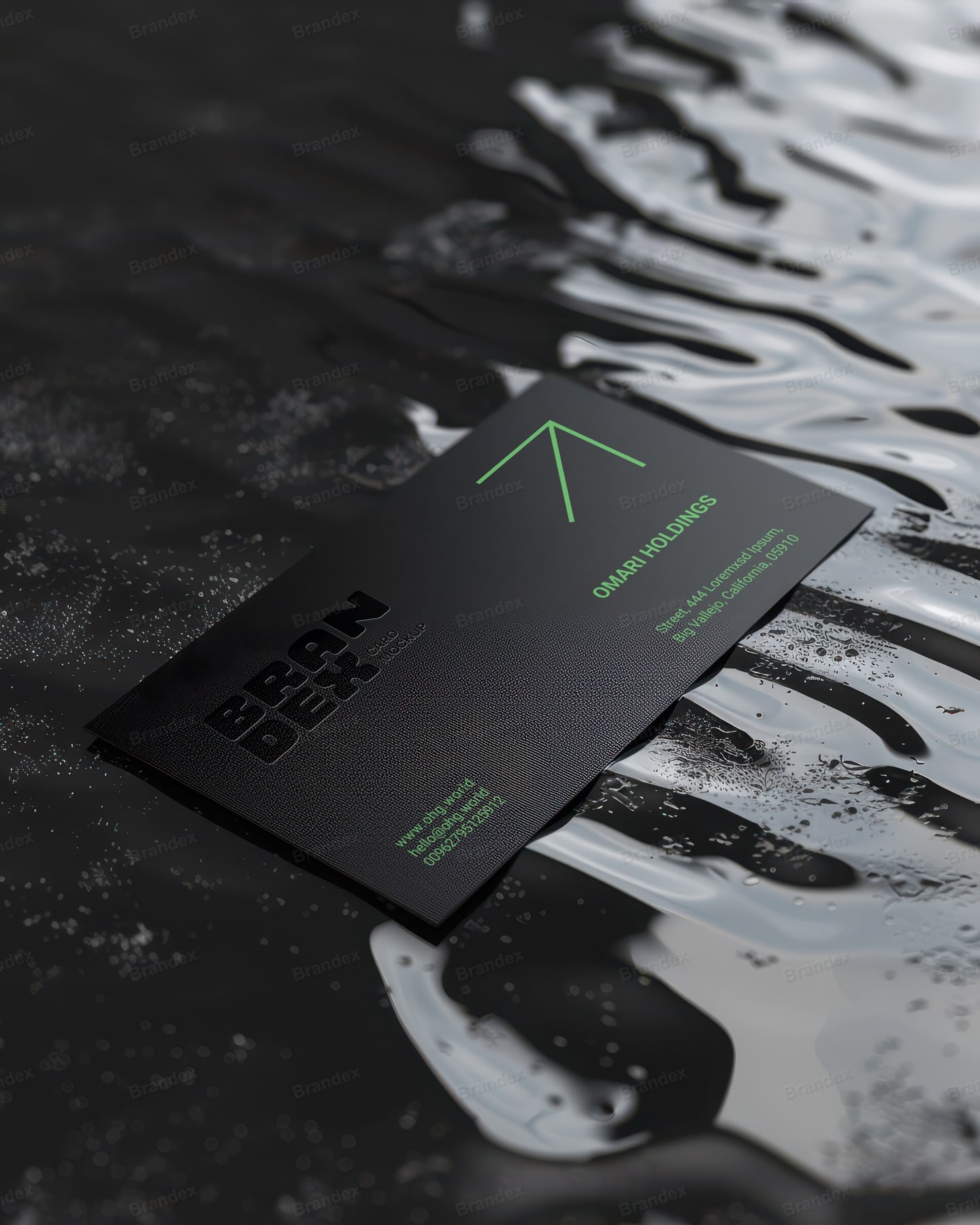 Black Matte Business Card Mockup on Dark Liquid Water Surface