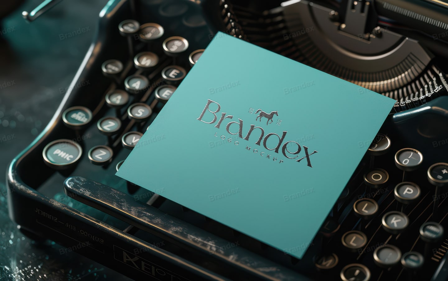 Square Turquoise Business Card Logo Mockup on Vintage Typewriter