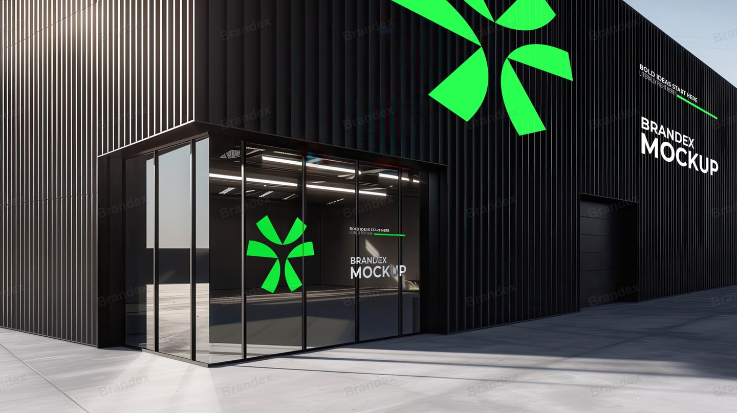 Premium Commercial Building Branding – Sleek Black Storefront & Glass Entry Mock