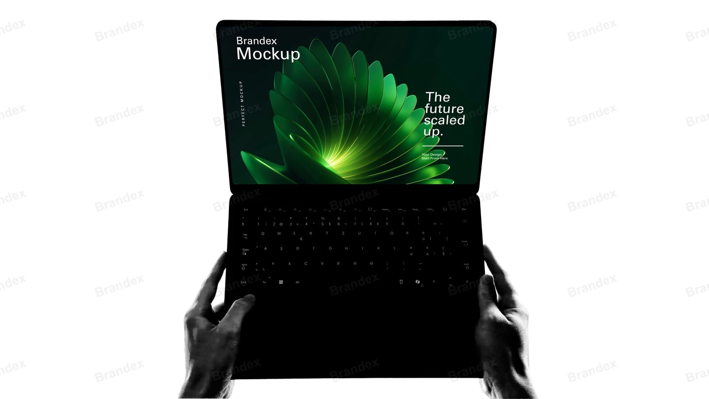 Modern Handheld Open Laptop Silhouette Display Mockup