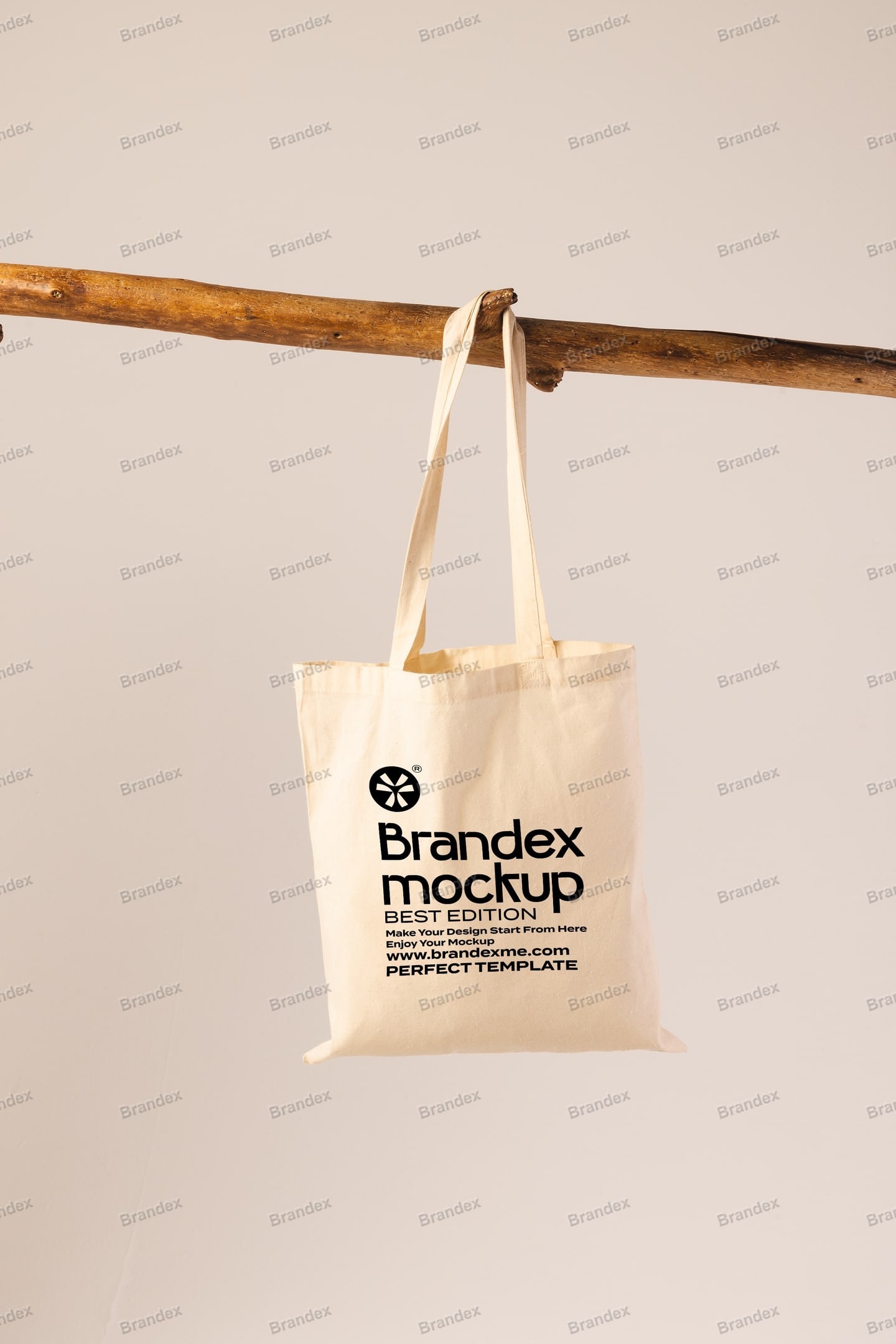 Minimalist Hanging Canvas Tote Bag Mockup Wooden Rod Sustainable Branding