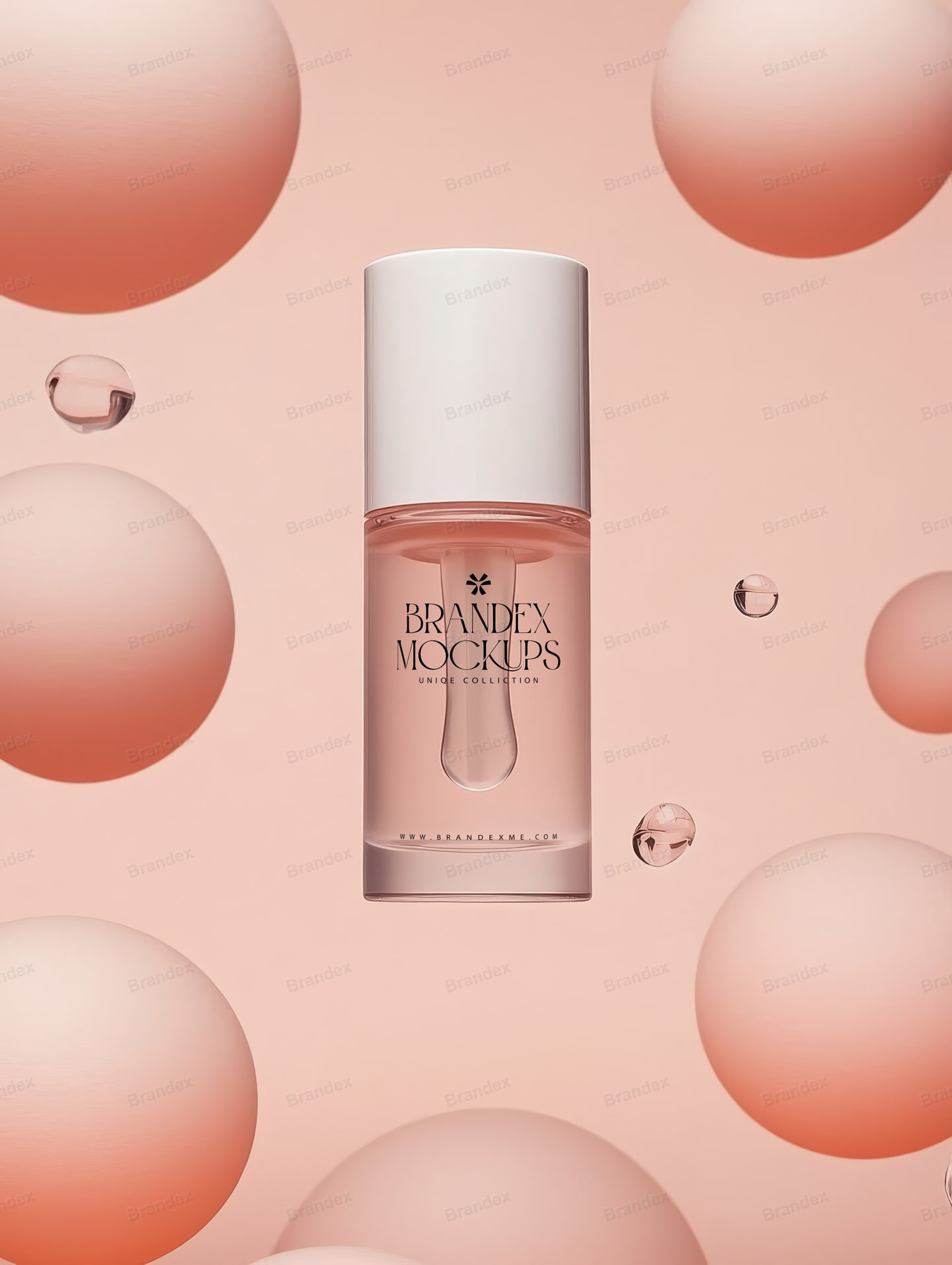 Floating Perfume Bottle Mockup Peach Spheres Studio Scene