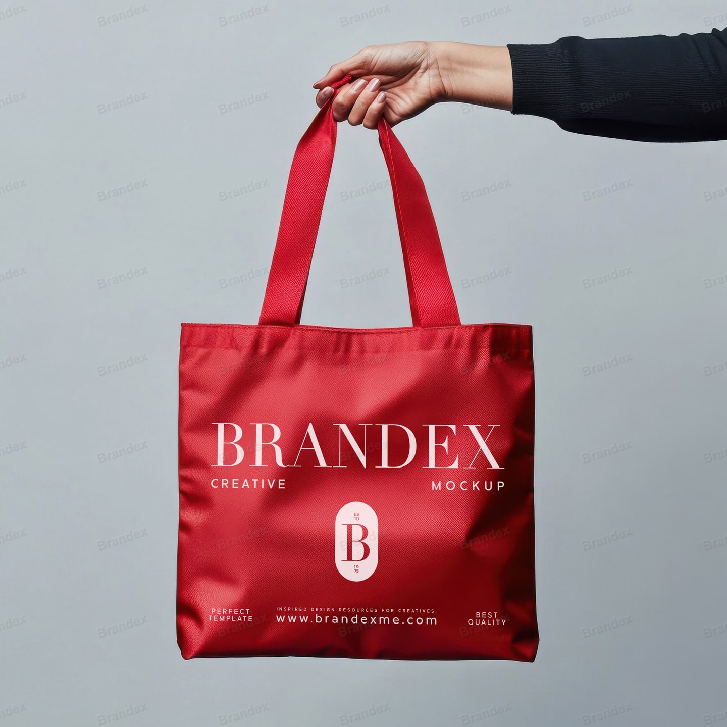 Red Fabric Tote Bag Mockup Held in Hand – Neutral Studio Background