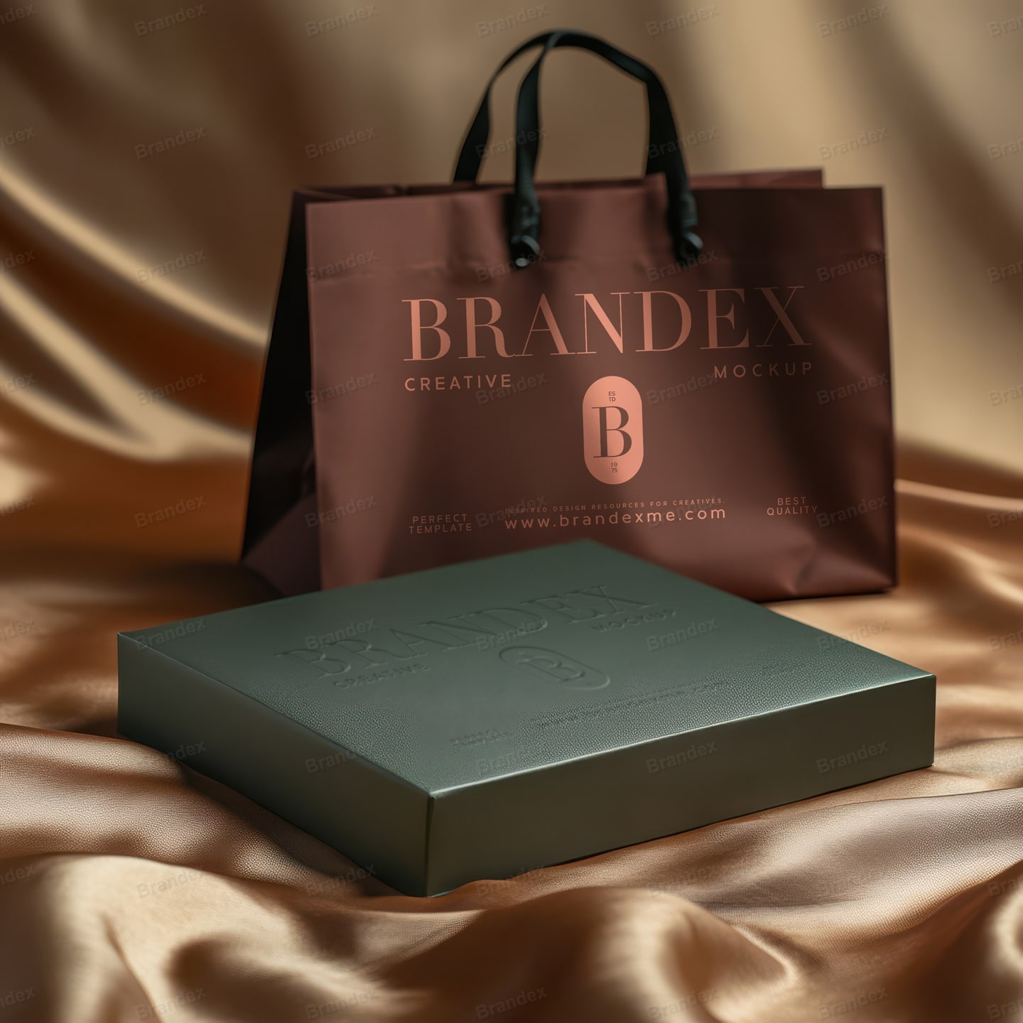 Elegant Brown Luxury Shopping Bag Dark Green Box Mockup Scene