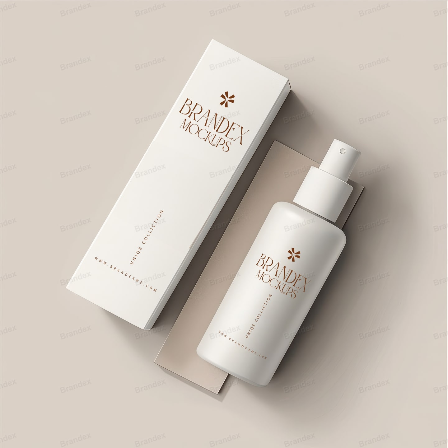Matte White Cosmetic Spray Bottle and Packaging Box Mockup – Flat Lay View