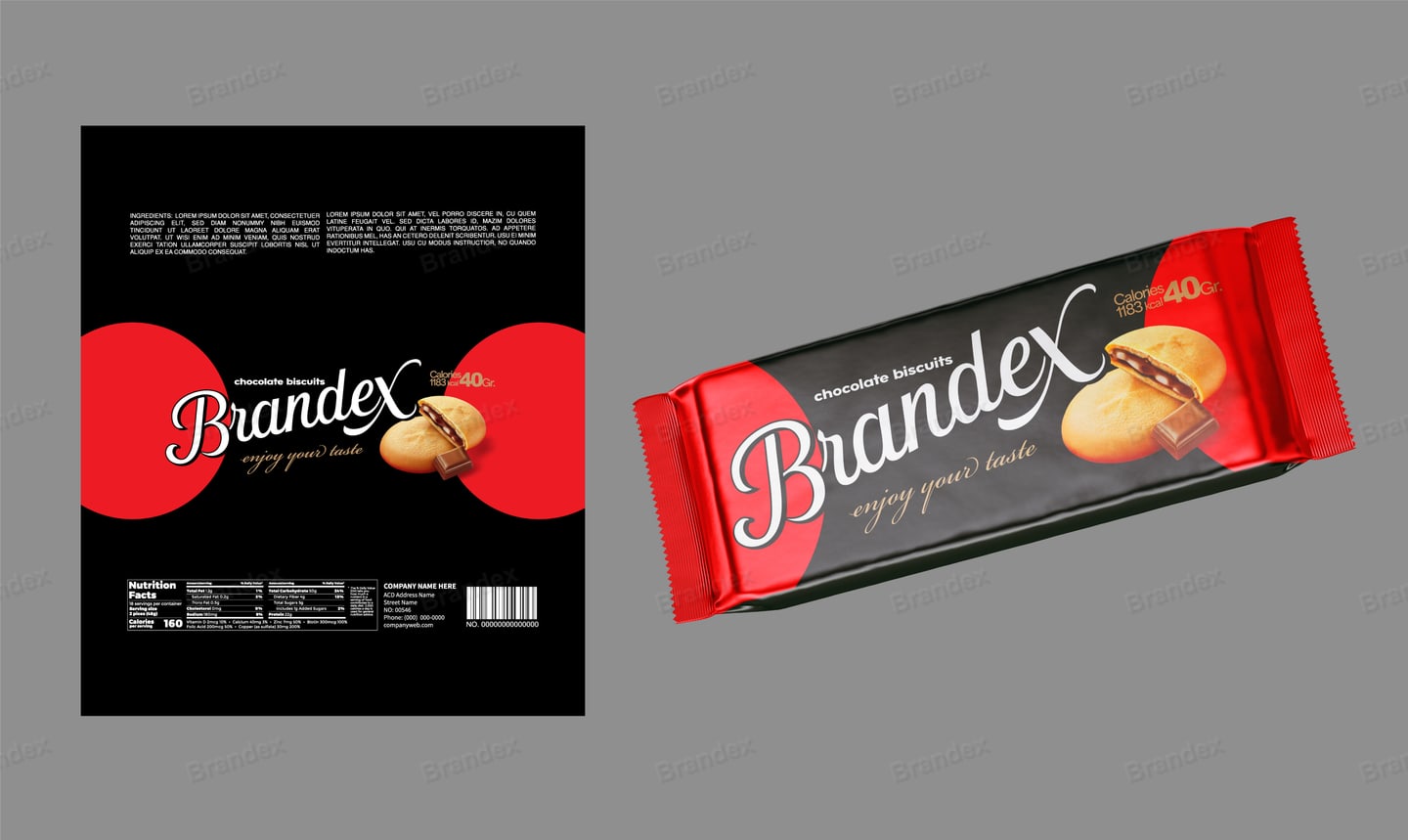 Chocolate Biscuit Wrapper Packaging Template – Black, Red & White