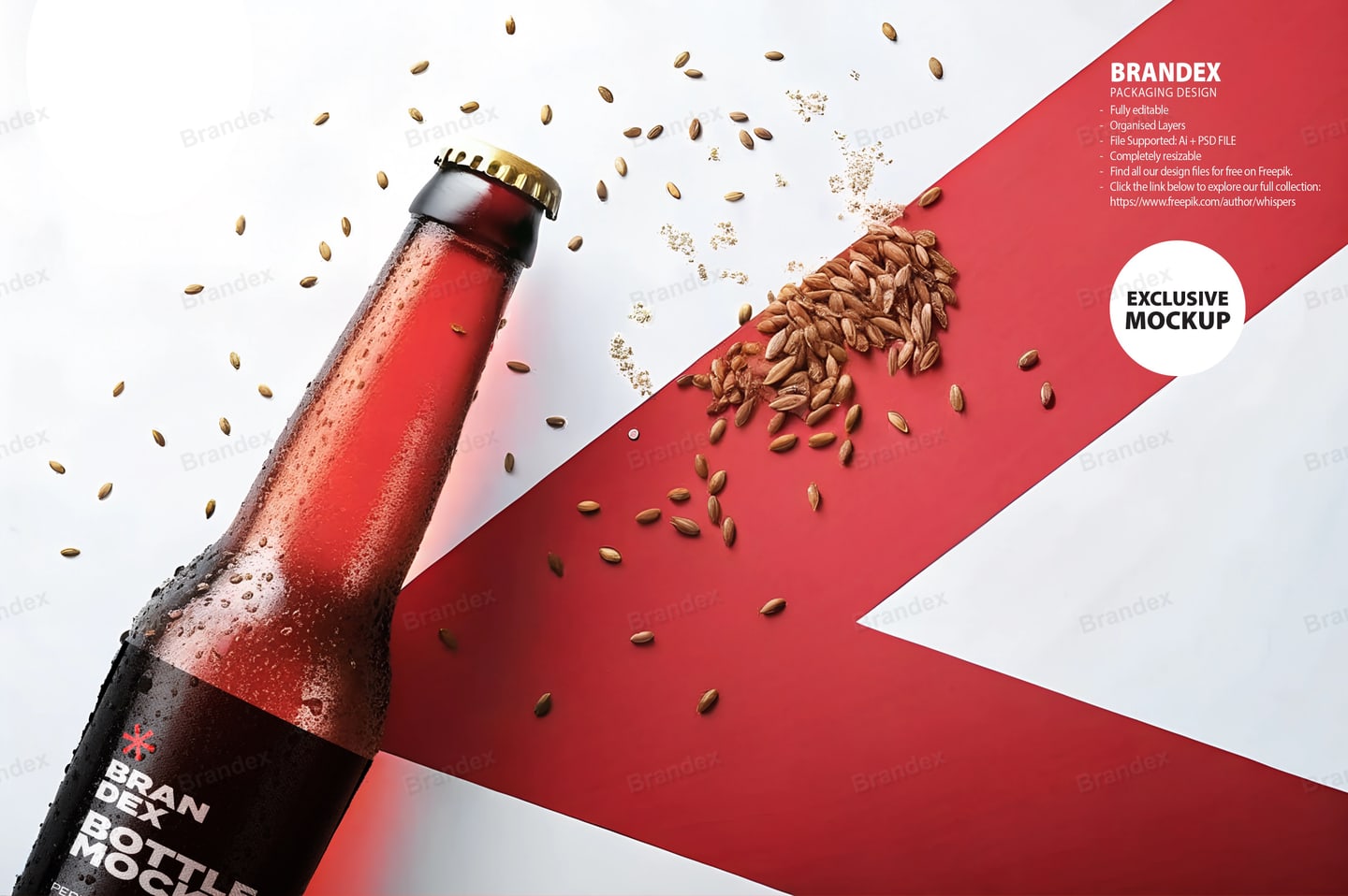 Frosted Amber Beer Bottle Mockup with Scattered Malt Grains – Top View