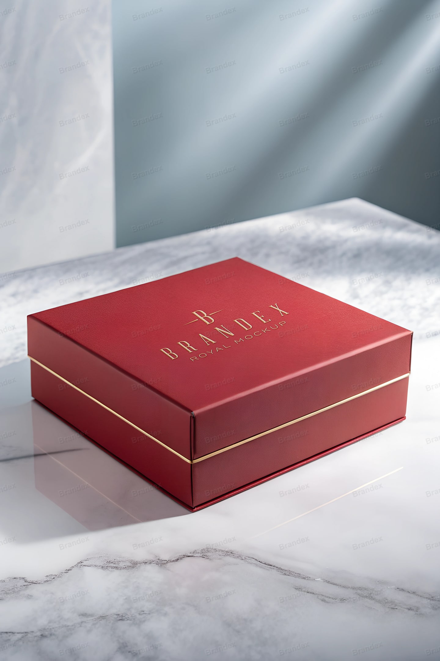 Luxury Red Rigid Gift Box Mockup with Gold Rim on Marble Surface