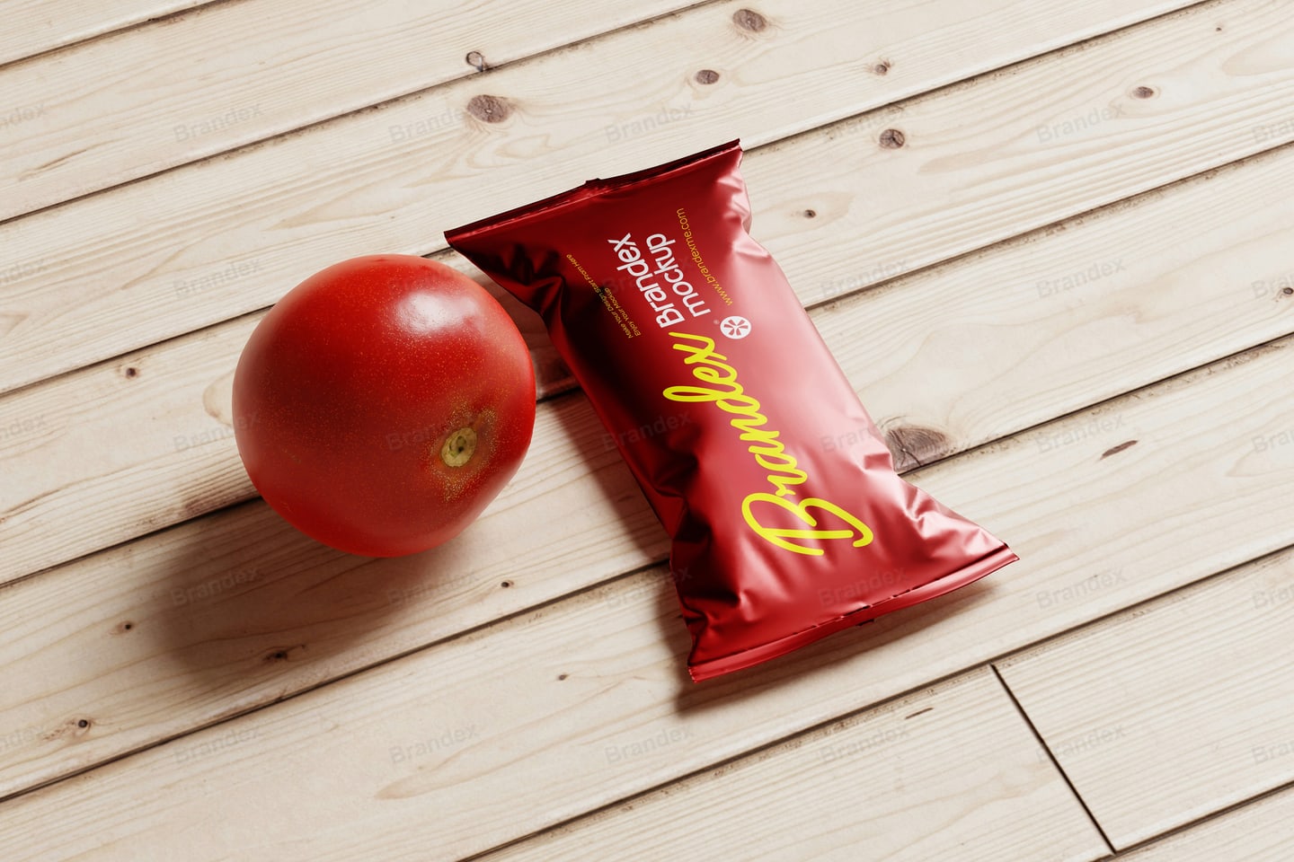 Realistic Red Snack Packaging Mockup Wooden Surface Scene