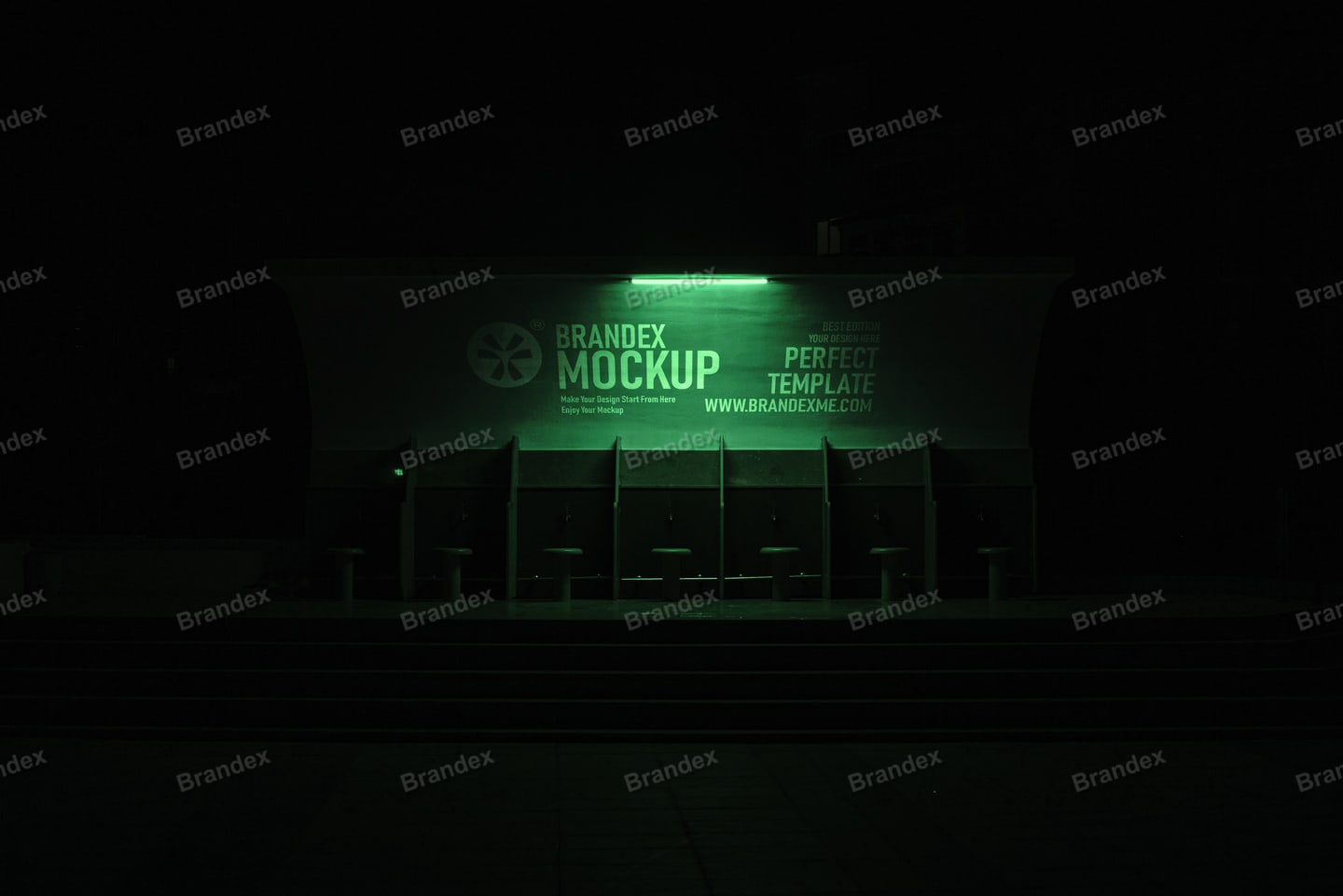 Outdoor Bus Stop Billboard Mockup Green Neon Night Scene Advertising
