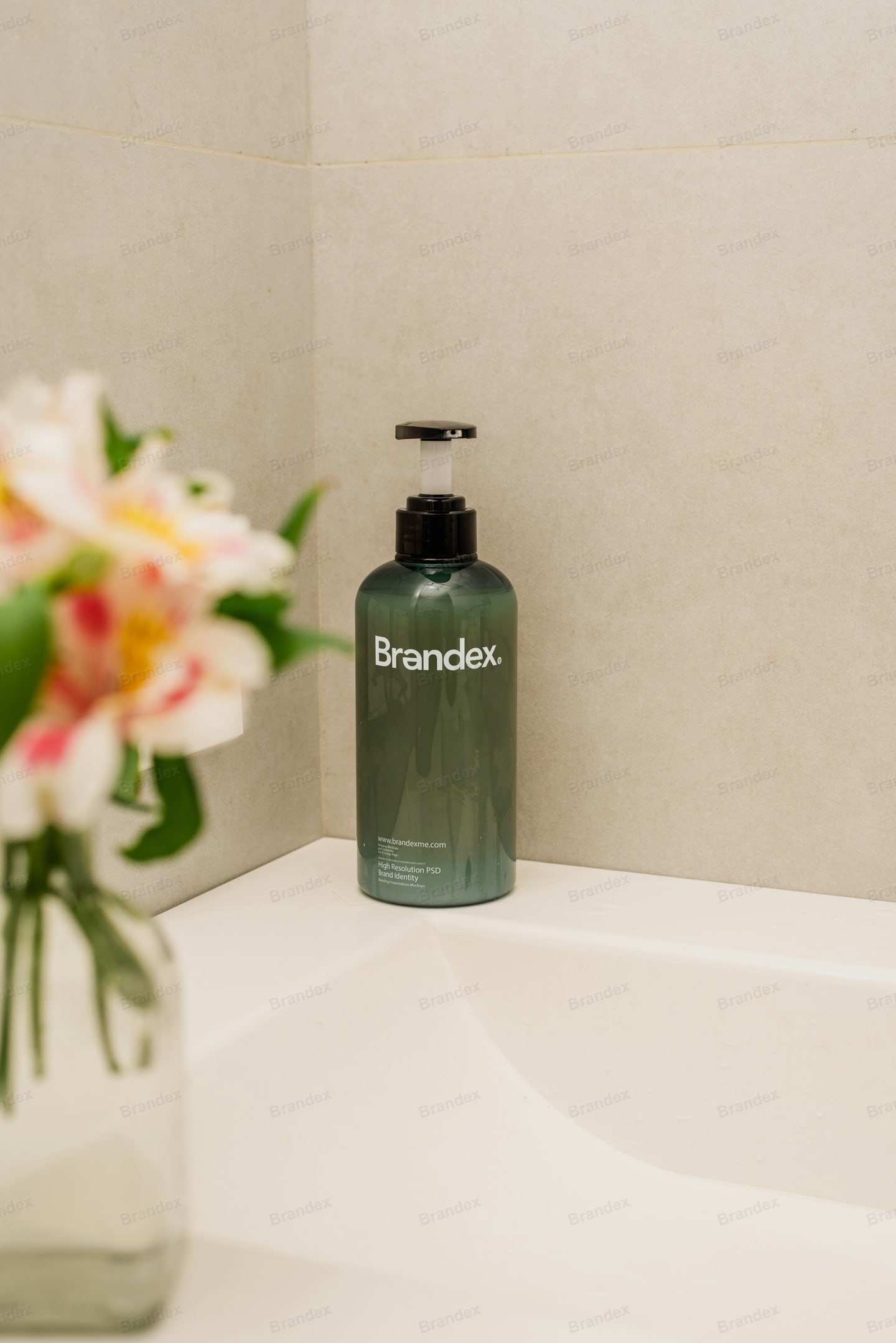 Green Liquid Soap Pump Bottle Mockup in Bathroom Scene