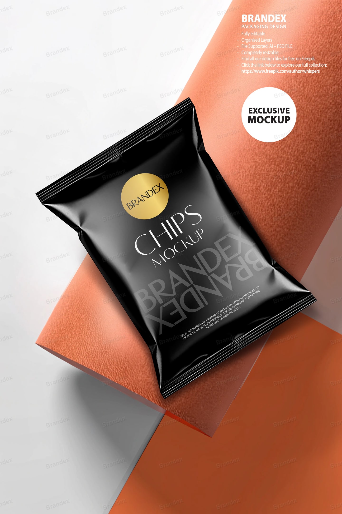 Black Metallic Chips Bag Packaging Mockup on Orange Geometric Backdrop