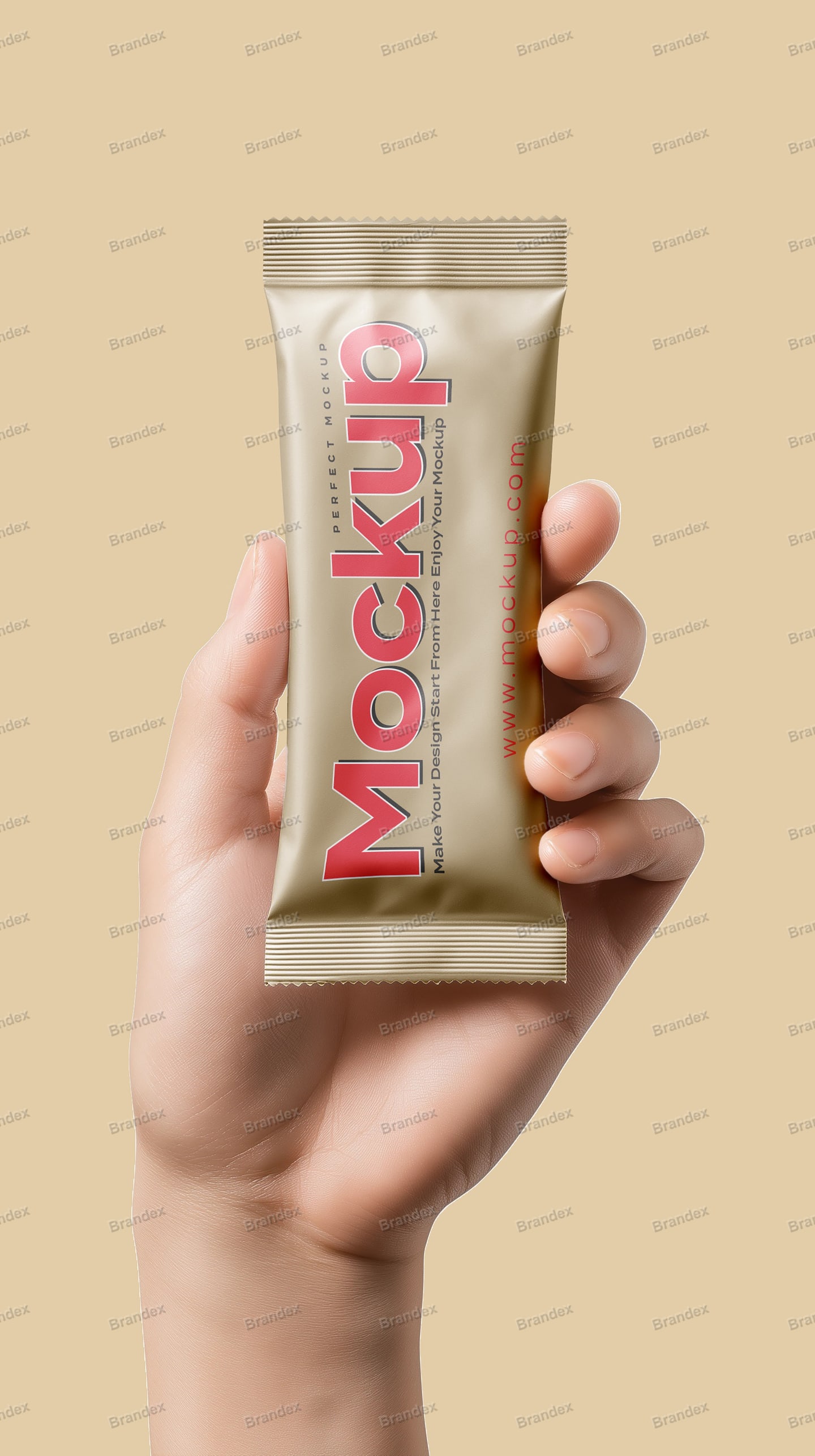 Realistic Handheld Snack Bar Packaging Mockup Beige Background