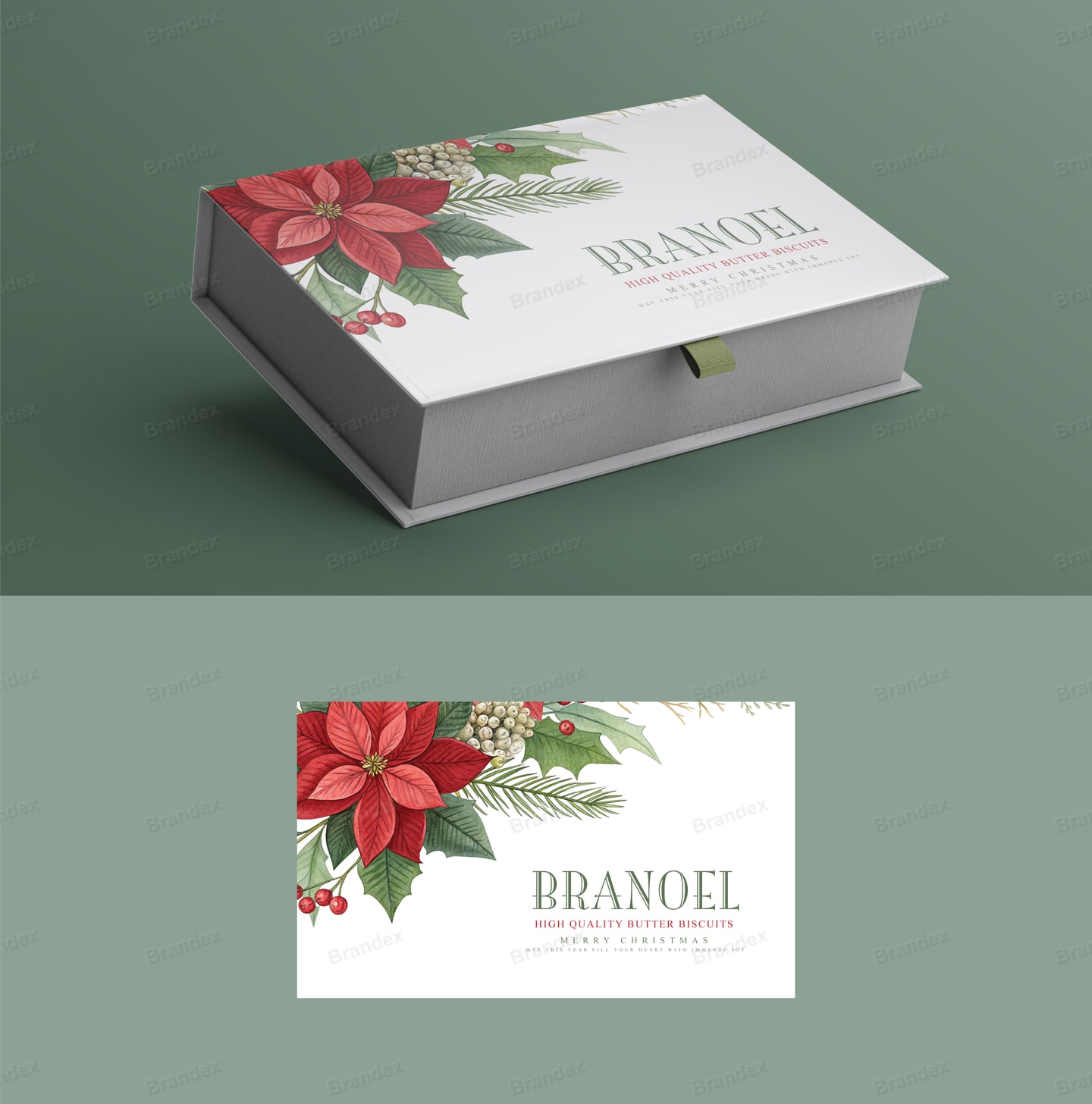 Christmas Poinsettia Biscuit Gift Box Packaging Template – White, Red & Green